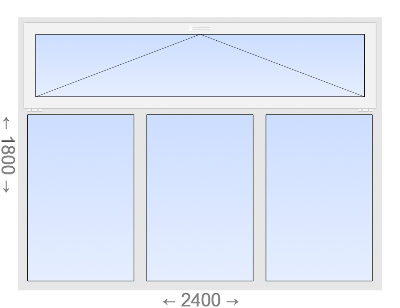 Трехстворчатое ПВХ окно с откидной фрамугой 2400x1800 Г-Г-Г Dimex